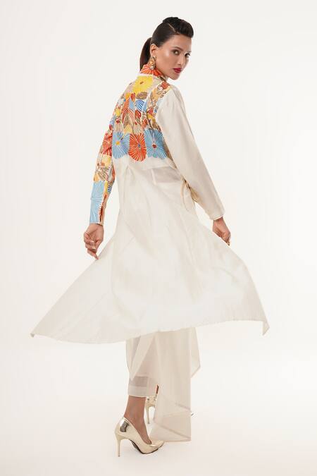 Jajaabor_Ivory Cotton, Silk Sequins, Embroidery Shawl Neck Angarkha Kurta And Pant Set _Online_at_Aza_Fashions