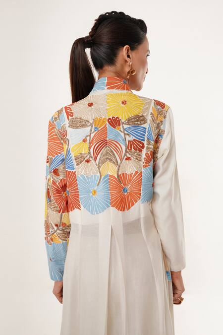 Buy_Jajaabor_Ivory Cotton, Silk Sequins, Embroidery Shawl Neck Angarkha Kurta And Pant Set _Online_at_Aza_Fashions