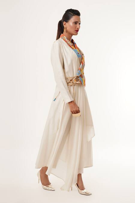 Shop_Jajaabor_Ivory Cotton, Silk Sequins, Embroidery Shawl Neck Angarkha Kurta And Pant Set _Online_at_Aza_Fashions