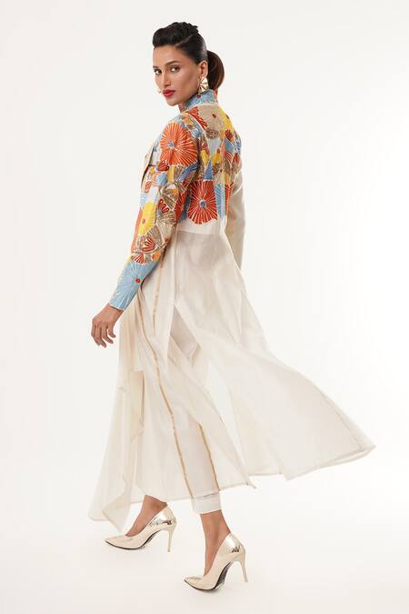 Jajaabor_Ivory Cotton, Silk Sequins, Embroidery Shawl Neck Angarkha Kurta And Pant Set _at_Aza_Fashions