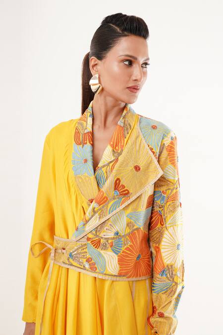 Jajaabor_Yellow Cotton, Linen, Silk Sequins Embroidered Asymmetric Angarkha Kurta Set _at_Aza_Fashions