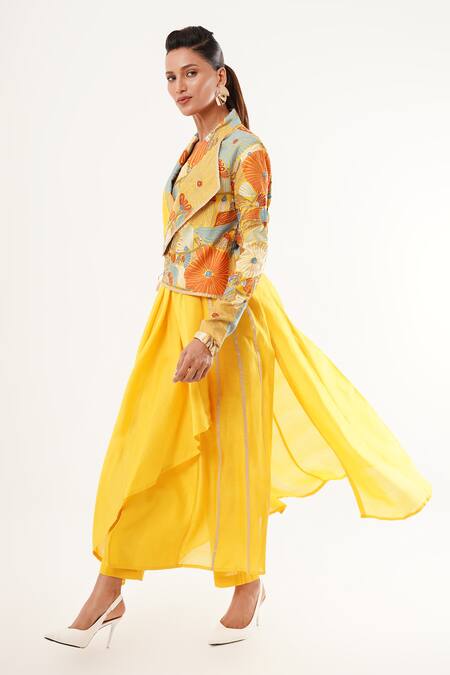 Buy_Jajaabor_Yellow Cotton, Linen, Silk Sequins Embroidered Asymmetric Angarkha Kurta Set 