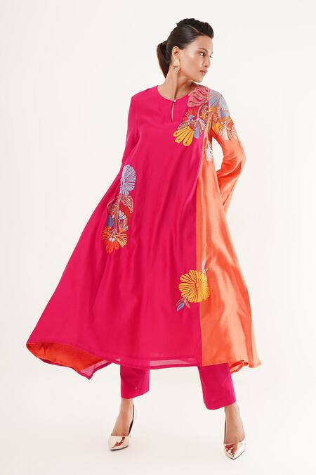 Buy_Jajaabor_Pink Cotton, Silk, Linen Sequins, Embroidery Round Neck Floral Kurta And Pant Set _Online_at_Aza_Fashions