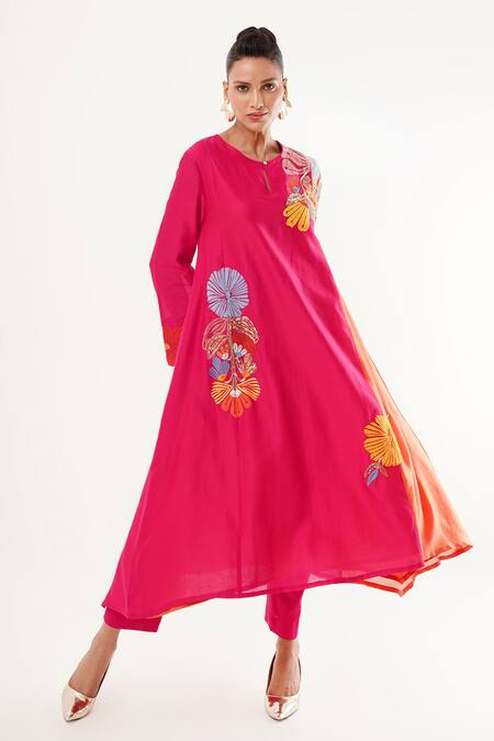 Shop_Jajaabor_Pink Cotton, Silk, Linen Sequins, Embroidery Round Neck Floral Kurta And Pant Set _Online_at_Aza_Fashions