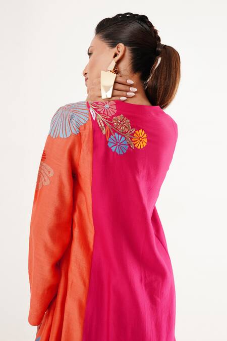 Buy_Jajaabor_Pink Cotton, Silk, Linen Sequins, Embroidery Round Neck Floral Kurta And Pant Set 
