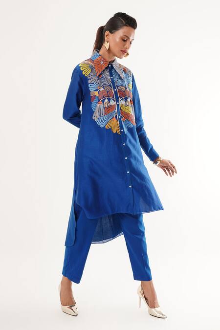 Jajaabor_Blue Cotton, Silk, Linen Cut Work Collared Floral Embroidered Kurta And Pant Set _at_Aza_Fashions