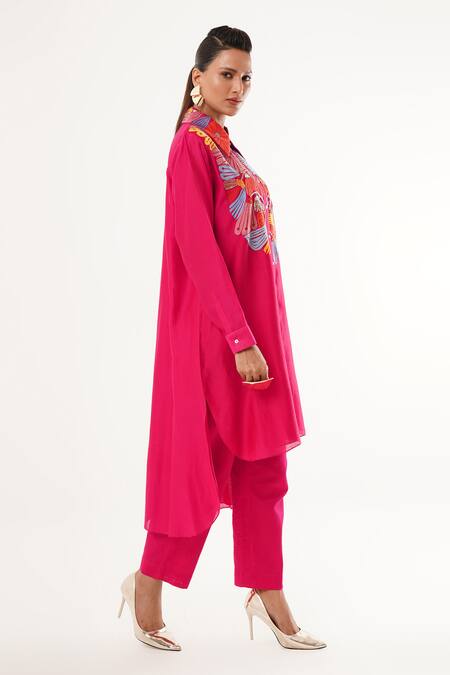 Jajaabor_Pink Cotton, Silk, Linen Cut Work Collared Floral Kurta And Pant Set _Online_at_Aza_Fashions