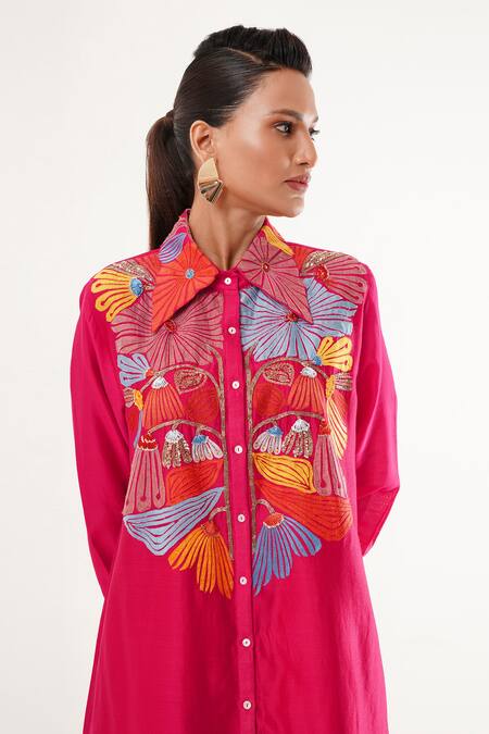 Buy_Jajaabor_Pink Cotton, Silk, Linen Cut Work Collared Floral Kurta And Pant Set _Online_at_Aza_Fashions