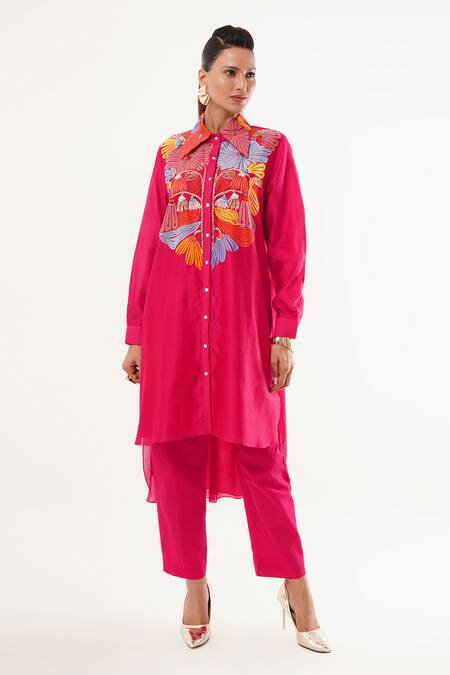 Shop_Jajaabor_Pink Cotton, Silk, Linen Cut Work Collared Floral Kurta And Pant Set _Online_at_Aza_Fashions