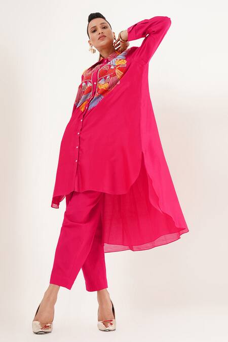 Jajaabor_Pink Cotton, Silk, Linen Cut Work Collared Floral Kurta And Pant Set _at_Aza_Fashions
