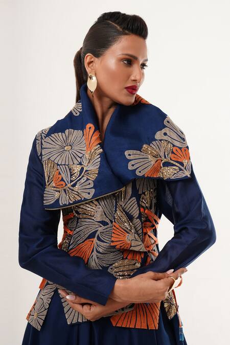 Jajaabor_Blue Cotton, Silk, Linen Embroidery, Cut Work Floral Angarkha Jacket Pant Set _Online_at_Aza_Fashions