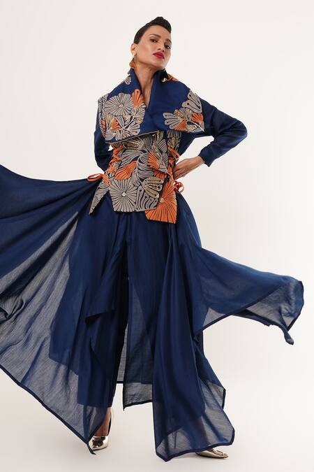 Buy_Jajaabor_Blue Cotton, Silk, Linen Embroidery, Cut Work Floral Angarkha Jacket Pant Set _Online_at_Aza_Fashions