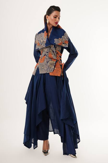 Shop_Jajaabor_Blue Cotton, Silk, Linen Embroidery, Cut Work Floral Angarkha Jacket Pant Set _Online_at_Aza_Fashions