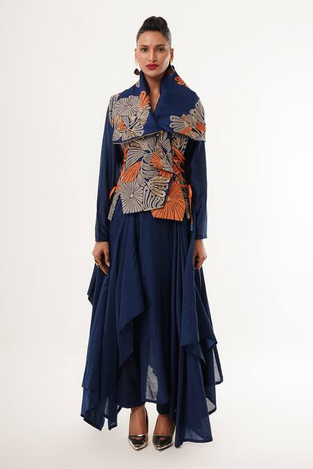 Jajaabor_Blue Cotton, Silk, Linen Embroidery, Cut Work Floral Angarkha Jacket Pant Set _at_Aza_Fashions