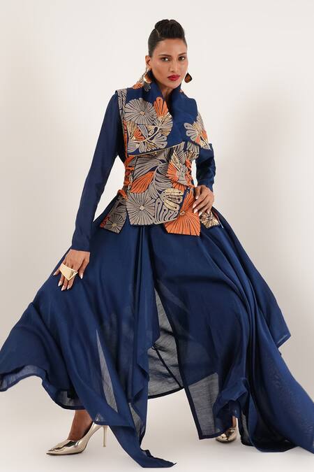 Buy_Jajaabor_Blue Cotton, Silk, Linen Embroidery, Cut Work Floral Angarkha Jacket Pant Set 
