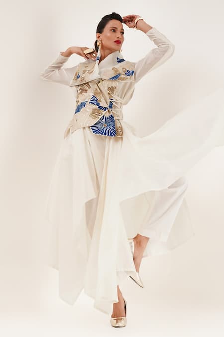 Shop_Jajaabor_Ivory Cotton, Silk Embroidery Collared Floral Angarkha Kurta Set _Online_at_Aza_Fashions