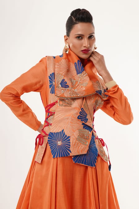 Jajaabor_Orange Cotton, Silk, Linen Cut Work Collared, High Floral Angarkha Jacket Set _Online_at_Aza_Fashions