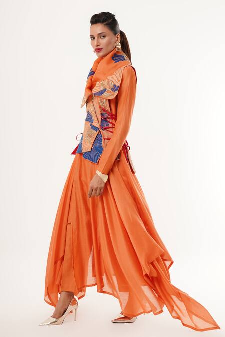 Buy_Jajaabor_Orange Cotton, Silk, Linen Cut Work Collared, High Floral Angarkha Jacket Set _Online_at_Aza_Fashions