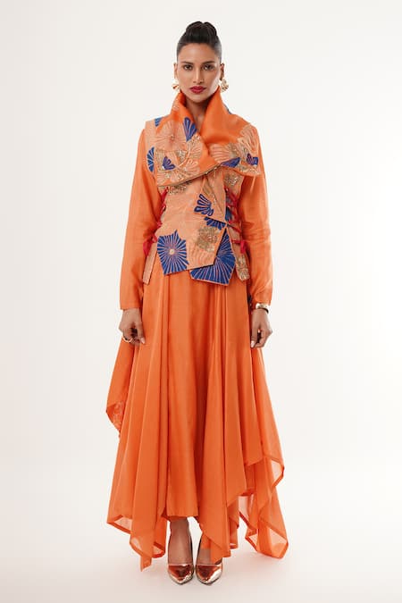 Shop_Jajaabor_Orange Cotton, Silk, Linen Cut Work Collared, High Floral Angarkha Jacket Set _Online_at_Aza_Fashions