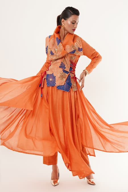 Jajaabor_Orange Cotton, Silk, Linen Cut Work Collared, High Floral Angarkha Jacket Set _at_Aza_Fashions