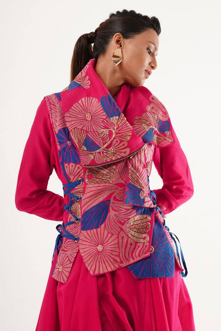Jajaabor_Pink Cotton, Silk, Linen Cut Work, Embroidery Floral Cutwork Angarkha Jacket Set _Online_at_Aza_Fashions