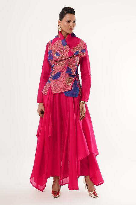 Buy_Jajaabor_Pink Cotton, Silk, Linen Cut Work, Embroidery Floral Cutwork Angarkha Jacket Set _Online_at_Aza_Fashions