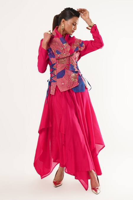 Shop_Jajaabor_Pink Cotton, Silk, Linen Cut Work, Embroidery Floral Cutwork Angarkha Jacket Set _Online_at_Aza_Fashions