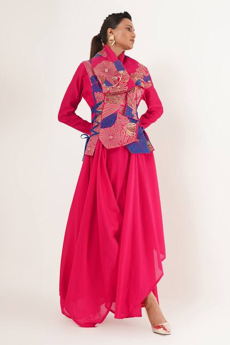 Jajaabor_Pink Cotton, Silk, Linen Cut Work, Embroidery Floral Cutwork Angarkha Jacket Set _at_Aza_Fashions