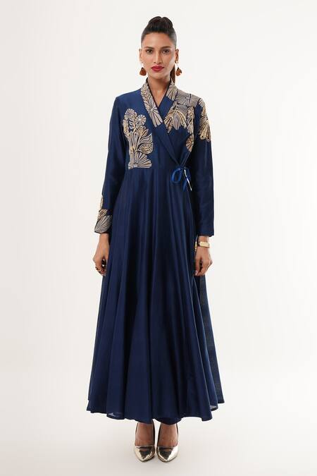 Jajaabor_Blue Cotton, Linen, Silk Embroidery Shawl Neck Floral Cutwork Angarkha Set _Online_at_Aza_Fashions