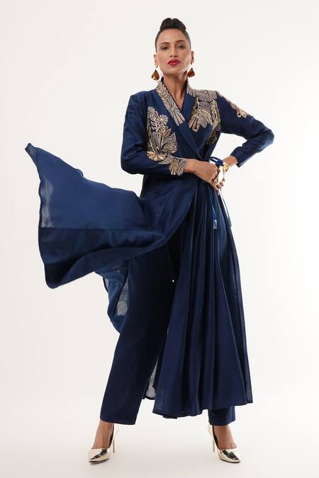 Buy_Jajaabor_Blue Cotton, Linen, Silk Embroidery Shawl Neck Floral Cutwork Angarkha Set _Online_at_Aza_Fashions