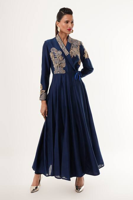 Shop_Jajaabor_Blue Cotton, Linen, Silk Embroidery Shawl Neck Floral Cutwork Angarkha Set _Online_at_Aza_Fashions
