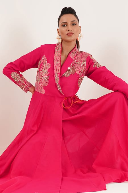 Jajaabor_Pink Cotton, Linen, Silk Embroidery Shawl Neck Floral Angarkha Anarkali Pant Set _Online_at_Aza_Fashions