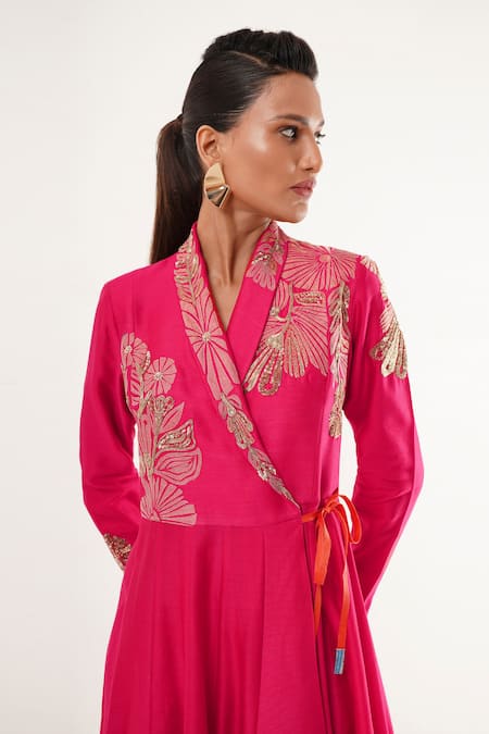Buy_Jajaabor_Pink Cotton, Linen, Silk Embroidery Shawl Neck Floral Angarkha Anarkali Pant Set _Online_at_Aza_Fashions
