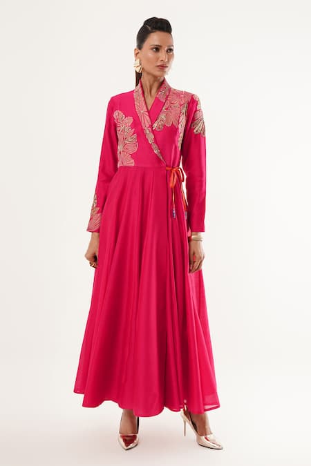 Shop_Jajaabor_Pink Cotton, Linen, Silk Embroidery Shawl Neck Floral Angarkha Anarkali Pant Set _Online_at_Aza_Fashions