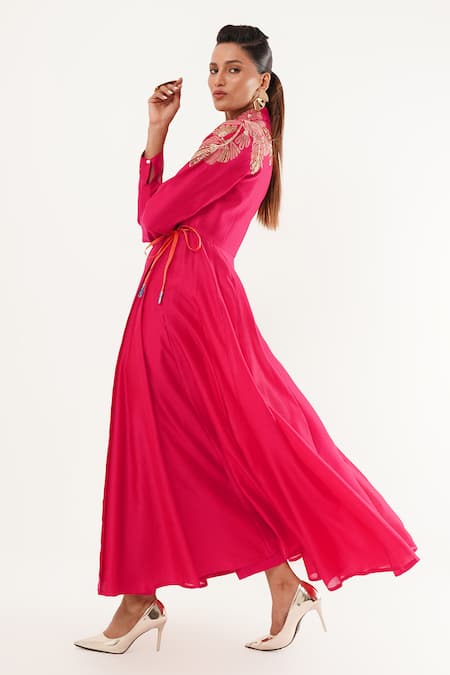 Jajaabor_Pink Cotton, Linen, Silk Embroidery Shawl Neck Floral Angarkha Anarkali Pant Set _at_Aza_Fashions