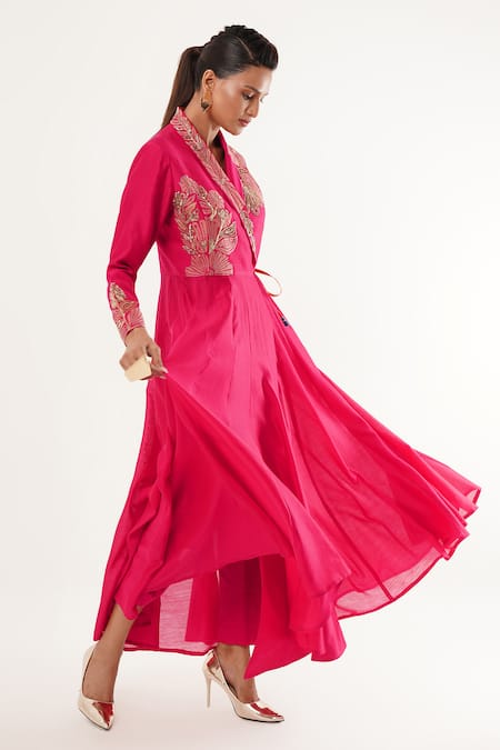 Buy_Jajaabor_Pink Cotton, Linen, Silk Embroidery Shawl Neck Floral Angarkha Anarkali Pant Set 