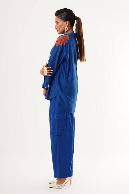 Jajaabor_Blue Cotton, Silk, Linen Embroidery Collared Floral Shirt And Cargo Pant Set _Online_at_Aza_Fashions