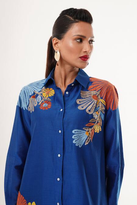 Buy_Jajaabor_Blue Cotton, Silk, Linen Embroidery Collared Floral Shirt And Cargo Pant Set _Online_at_Aza_Fashions