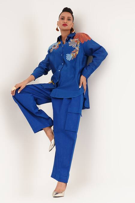 Shop_Jajaabor_Blue Cotton, Silk, Linen Embroidery Collared Floral Shirt And Cargo Pant Set _Online_at_Aza_Fashions