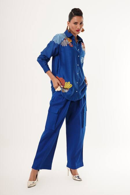Jajaabor_Blue Cotton, Silk, Linen Embroidery Collared Floral Shirt And Cargo Pant Set _at_Aza_Fashions