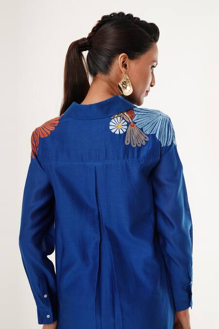 Buy_Jajaabor_Blue Cotton, Silk, Linen Embroidery Collared Floral Shirt And Cargo Pant Set 