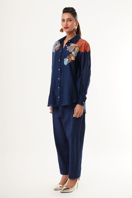 Jajaabor_Blue Cotton, Silk, Linen Embroidery Collared Floral Shirt And Cargo Pant Set _Online_at_Aza_Fashions
