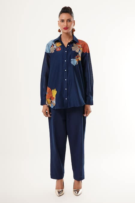Buy_Jajaabor_Blue Cotton, Silk, Linen Embroidery Collared Floral Shirt And Cargo Pant Set _Online_at_Aza_Fashions