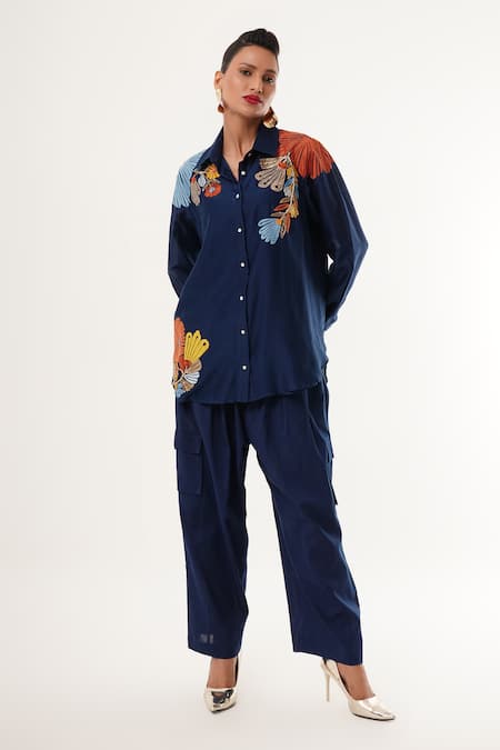 Shop_Jajaabor_Blue Cotton, Silk, Linen Embroidery Collared Floral Shirt And Cargo Pant Set _Online_at_Aza_Fashions