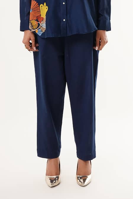 Jajaabor Blue Cotton, Silk, Linen Embroidery Collared Floral Shirt And Cargo Pant Set at Aza Fashions Jajaabor_Blue Cotton, Silk, Linen Embroidery Collared Floral Shirt And Cargo Pant Set _at_Aza_Fashions