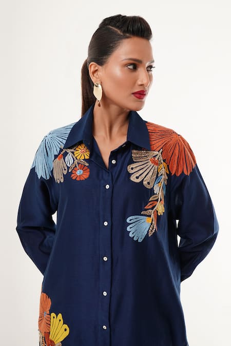 Buy_Jajaabor_Blue Cotton, Silk, Linen Embroidery Collared Floral Shirt And Cargo Pant Set 