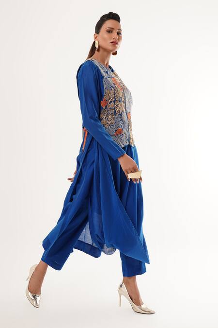 Buy_Jajaabor_Blue Tissue, Cotton, Silk, Linen, Chanderi Floral Embroidered Kurta Set _Online_at_Aza_Fashions