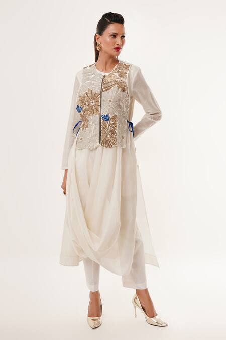 Jajaabor Floral Applique Draped Kurta Set 
