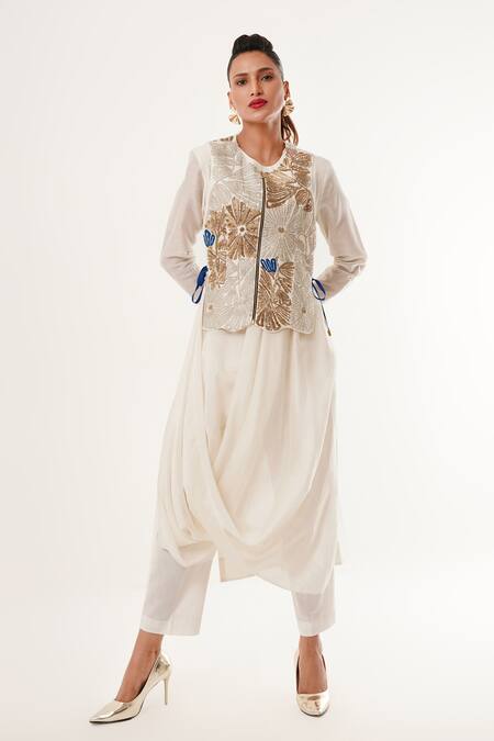 Buy_Jajaabor_Ivory Tissue, Cotton, Silk, Linen Embroidery, Applique Floral Draped Kurta Set _Online_at_Aza_Fashions