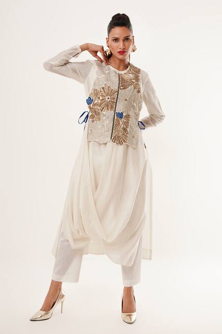Shop_Jajaabor_Ivory Tissue, Cotton, Silk, Linen Embroidery, Applique Floral Draped Kurta Set _Online_at_Aza_Fashions